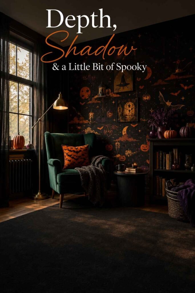 Halloween Wallpaper: 30 Spooky, Cute & Aesthetic Ideas for Every Screen in 2026 2 Corner view of a living room showing the Halloween wallpaper wall in relation to a velvet armchair and bookshelf.