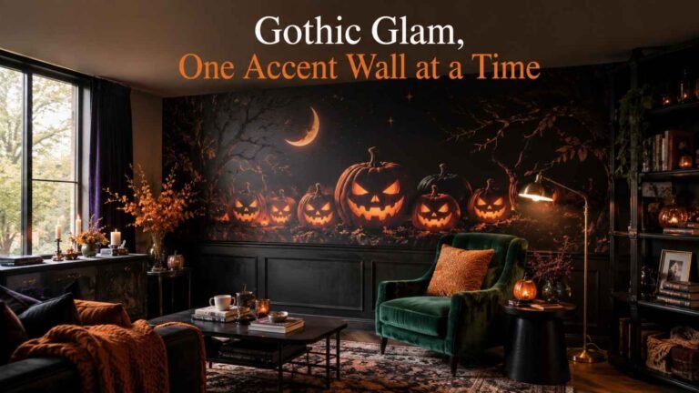 Living room with a black and orange Halloween wallpaper mural of jack-o'-lanterns and a crescent moon behind a green velvet armchair.