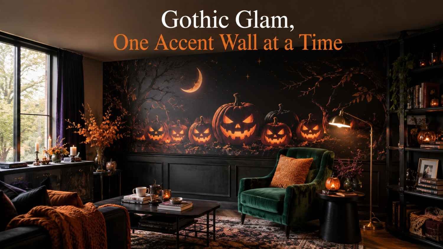 Living room with a black and orange Halloween wallpaper mural of jack-o'-lanterns and a crescent moon behind a green velvet armchair.