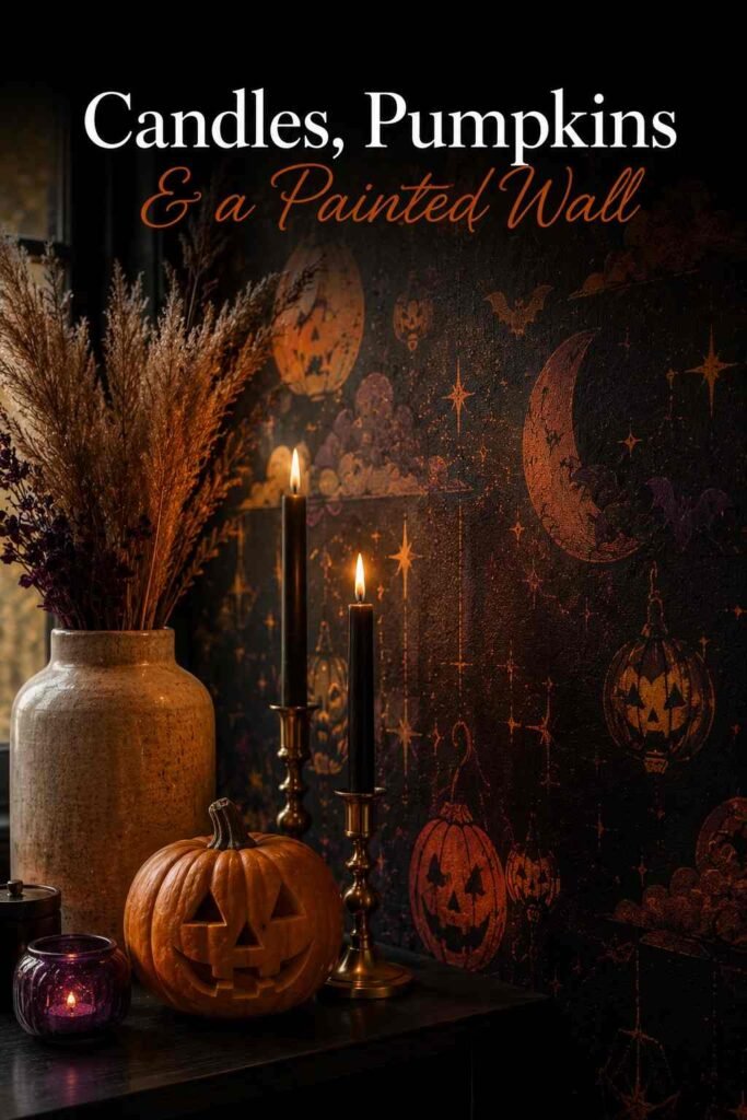 Halloween Wallpaper: 30 Spooky, Cute & Aesthetic Ideas for Every Screen in 2026 5 Close-up of a carved pumpkin, black taper candles, and dried pampas grass styled against a textured Halloween wallpaper mural.