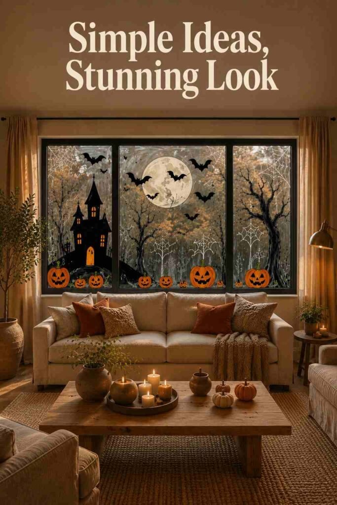 Cozy neutral sofa positioned in front of a hand-painted Halloween picture window.