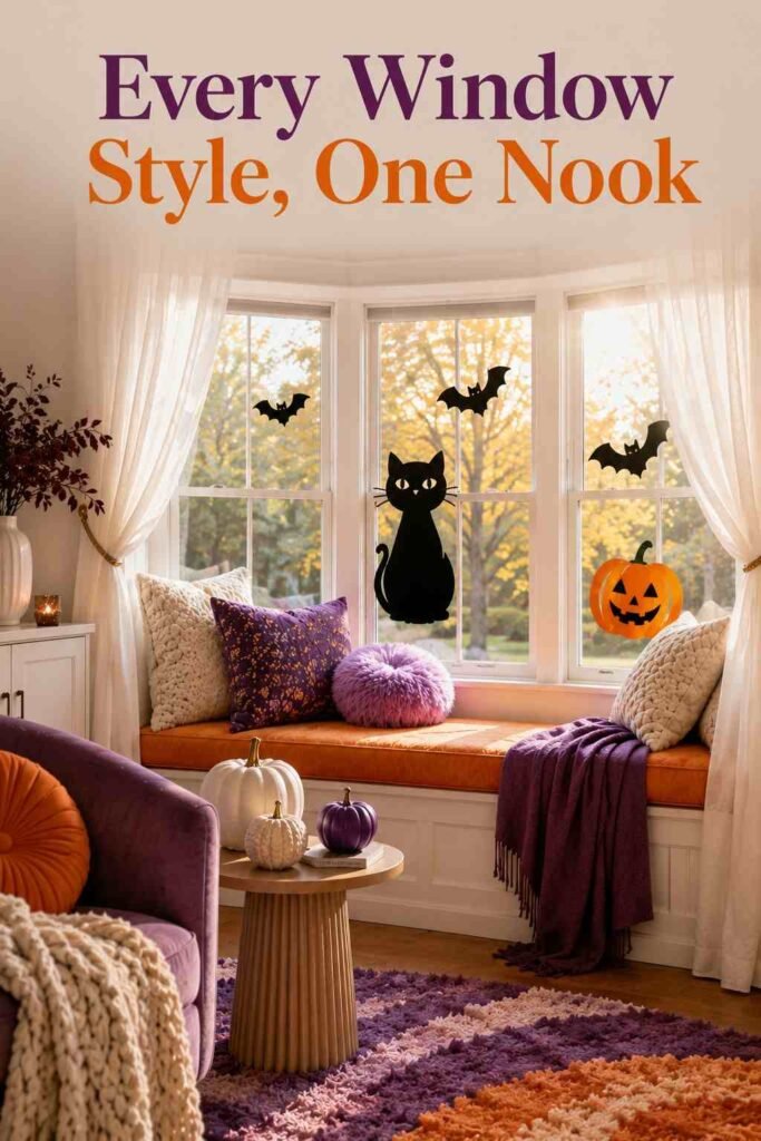 Elevated 24 Halloween Window Clings and Decals Ideas to Transform Every Window This Fall 2 Close medium shot of a window seat with layered orange and purple pumpkins beneath glossy Halloween window clings.