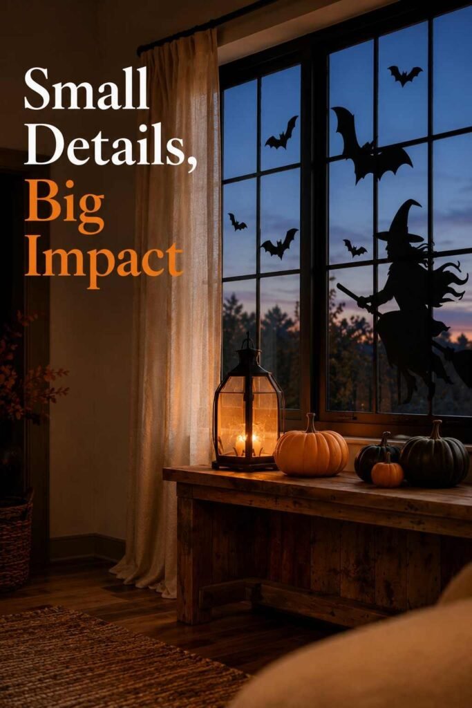 Console table styled with pumpkins and a lantern beneath a silhouette window..