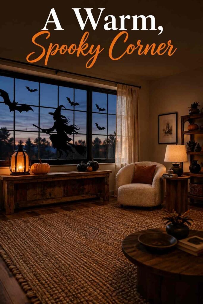 Three-quarter view of a living room corner with a Halloween silhouette window and armchair