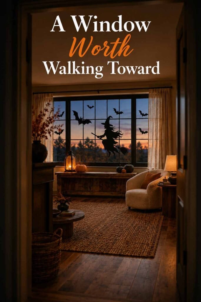 View through a doorway of a living room with a backlit Halloween silhouette window.