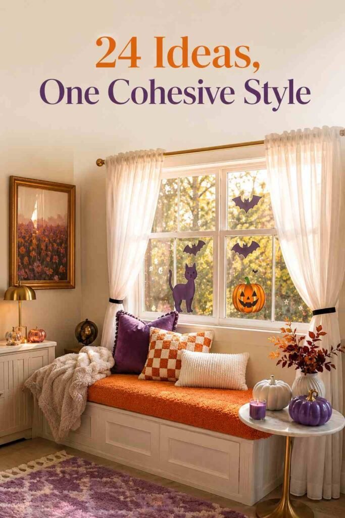 Elevated 24 Halloween Window Clings and Decals Ideas to Transform Every Window This Fall 7 Finished living room window nook styled for Halloween with coordinated purple and orange accents and glass clings.