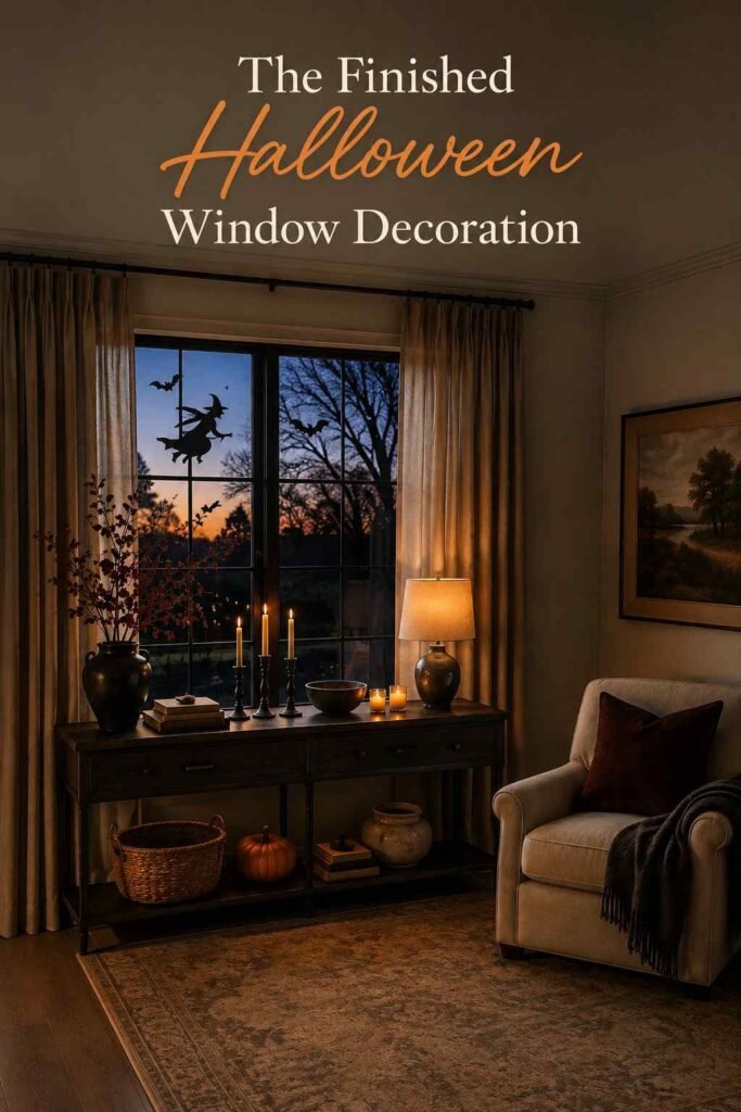 Fully styled living room with a finished Halloween window decoration at dusk.