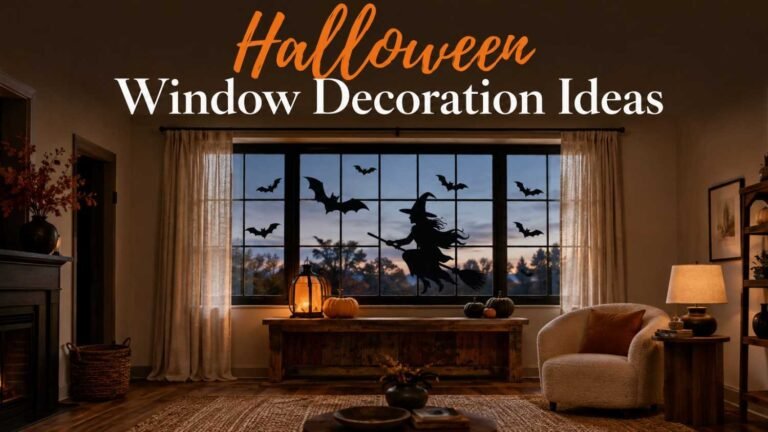Living room window with black paper bat and witch silhouettes backlit at dusk.