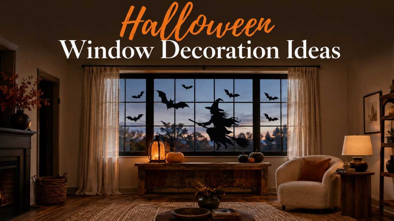 Living room window with black paper bat and witch silhouettes backlit at dusk.