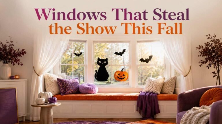 Living room window seat styled for Halloween with purple and orange pumpkins and glossy window clings on the glass.