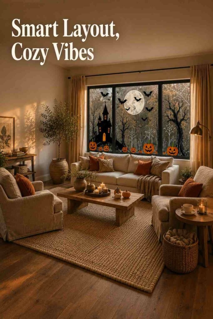 Living room layout showing seating arranged around a large painted Halloween window.