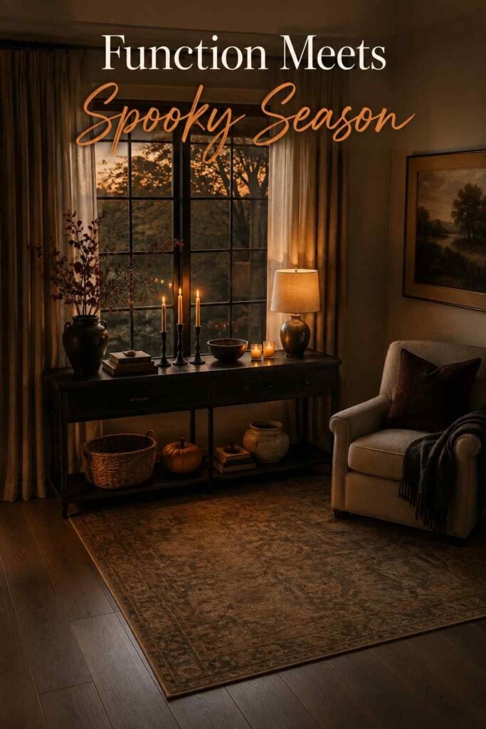 Overhead-angle view of a living room arranged around a Halloween silhouette window