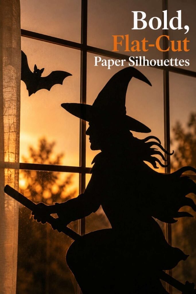 Close-up of a black paper witch silhouette backlit against a window.