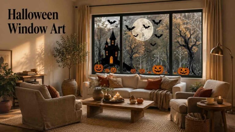 Warm living room with hand-painted Halloween designs on a large picture window.
