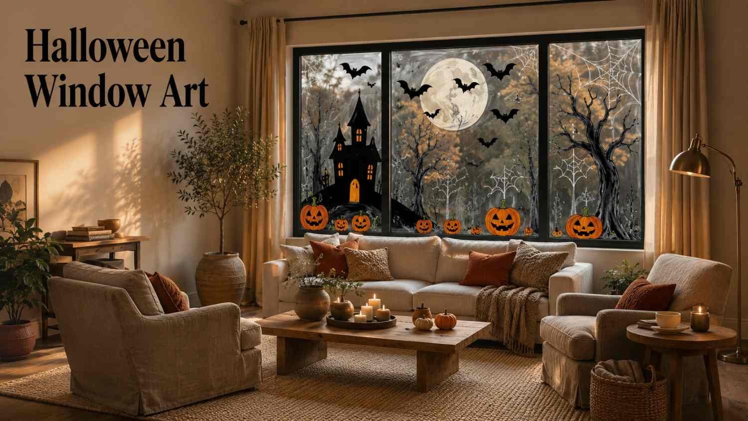 Warm living room with hand-painted Halloween designs on a large picture window.