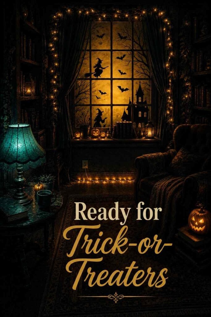 Fully styled Halloween window lighting decoration with silhouettes, string lights, and glowing pumpkins at night.