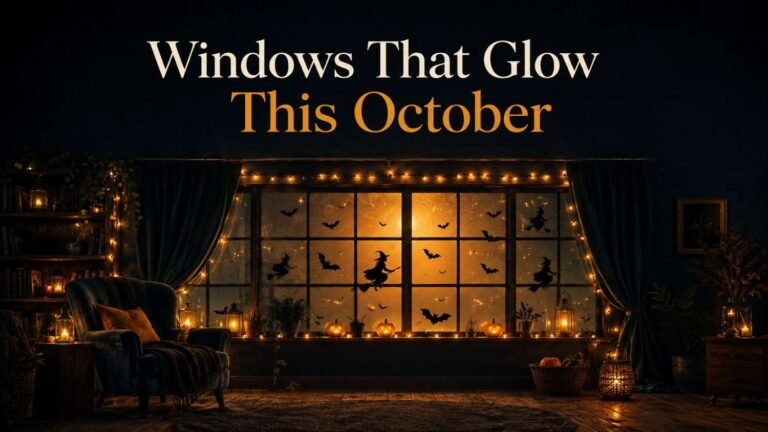 Cozy nighttime reading nook with a Halloween window lit by silhouettes and warm string lights.
