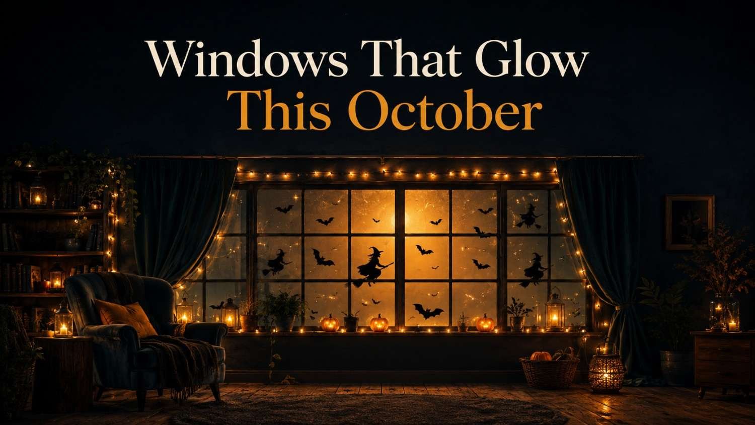 Cozy nighttime reading nook with a Halloween window lit by silhouettes and warm string lights.