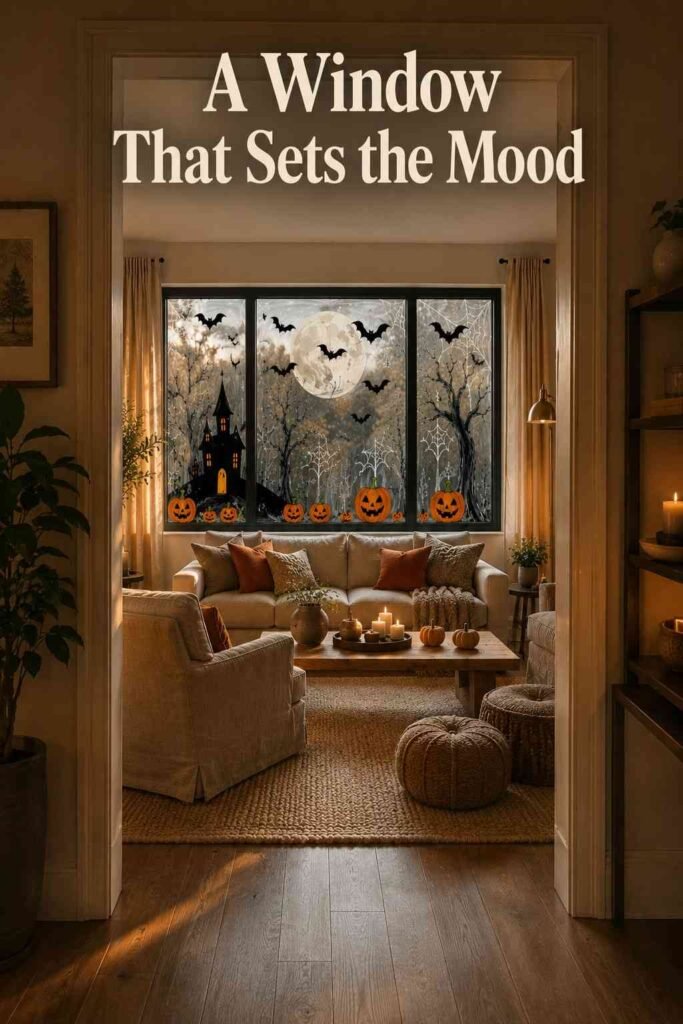 Doorway view into a warm living room with a large painted Halloween window.