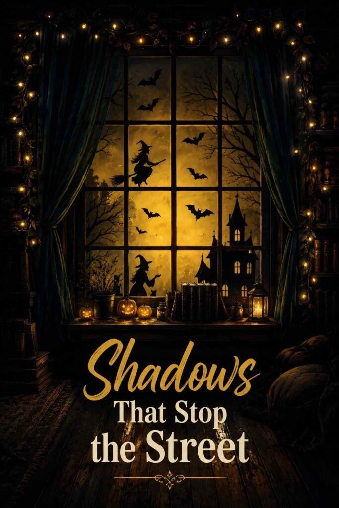 Close view of black bat and witch silhouettes backlit against a window at night.