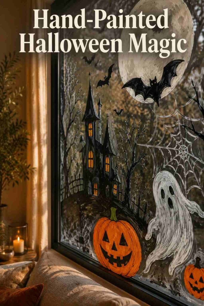 Close-up of textured Halloween paint showing bats, spiderwebs, moon, and pumpkin on glass.