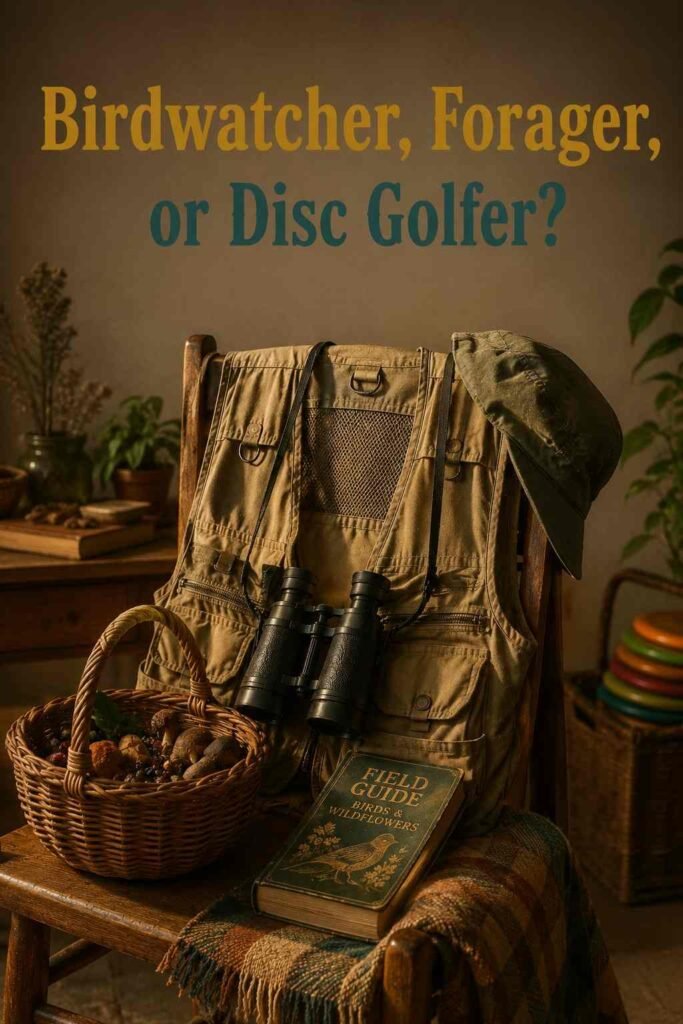 Khaki vest, binoculars, and a woven basket styled as a hobby-based niche Halloween costume.