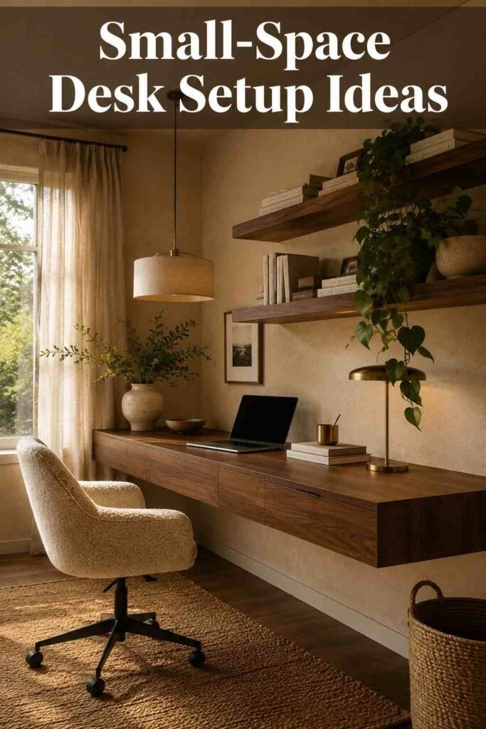 Corner view of walnut desk and open shelving with plants in a warm neutral home office desk setup.
