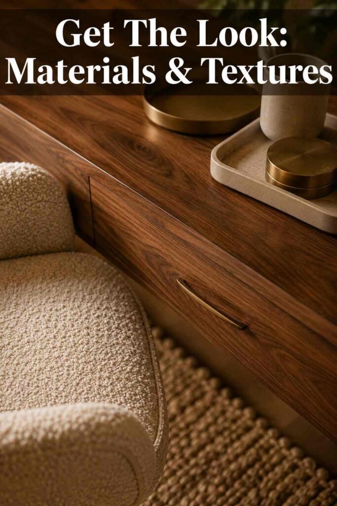 Close-up of walnut wood grain, brass drawer pull, and boucle chair texture in a warm minimalist desk setup.