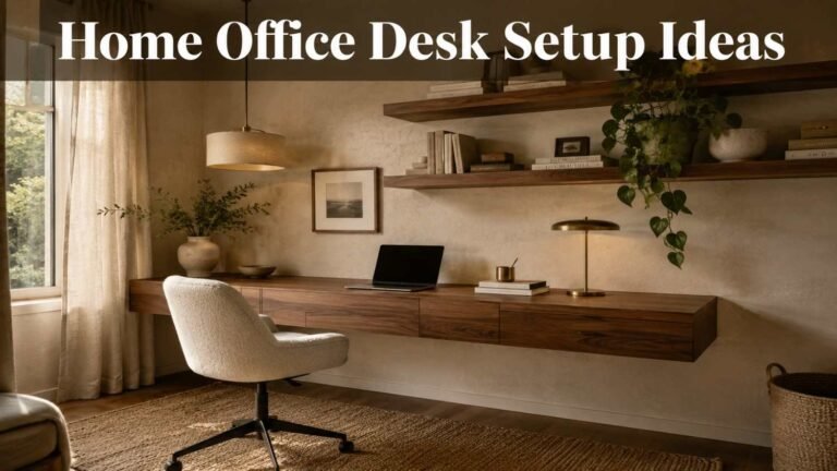Warm minimalist home office with walnut floating desk, cream boucle chair, and jute rug — cozy home office desk setup ideas.