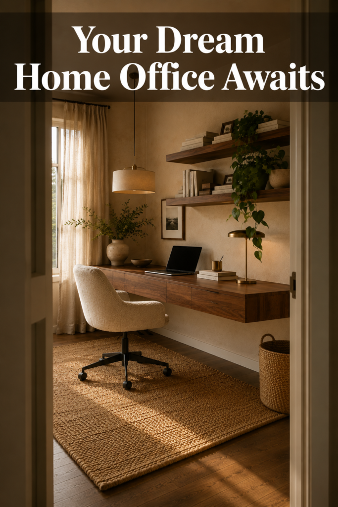 Home office viewed through open doorway, showing walnut desk and cream walls — home office desk setup ideas.