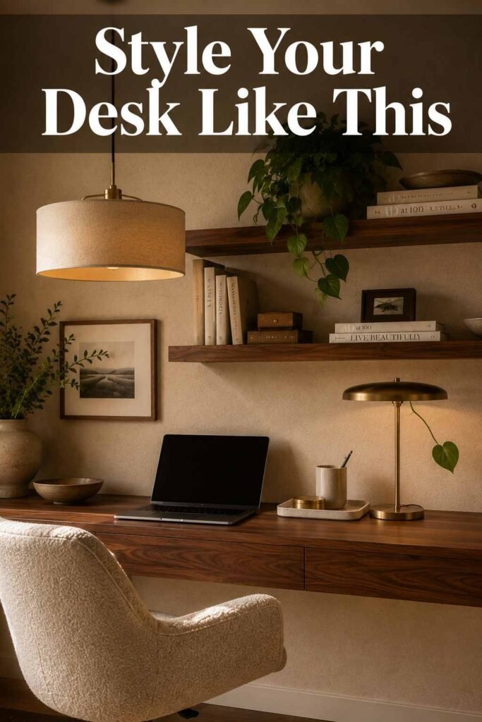 Styled desk vignette with brass lamp, linen tray, and walnut shelf in a cozy home office desk setup.