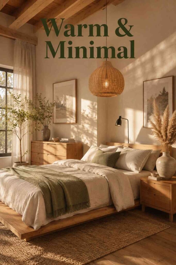 Beautiful 18 Japandi Bedroom Ideas for a Warm, Minimalist Retreat 2 Corner view of a japandi bedroom with oak bed frame, jute rug, and black floor lamp against off-white walls.
