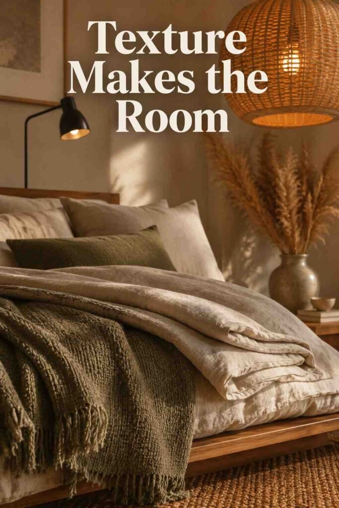 Beautiful 18 Japandi Bedroom Ideas for a Warm, Minimalist Retreat 4 Close-up of folded linen bedding and a woven rattan pendant in a textural japandi bedroom.