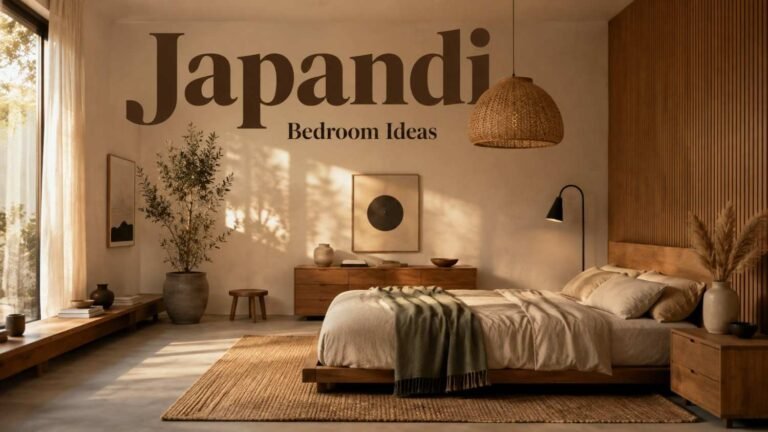 Sunlit japandi bedroom with oak platform bed, linen bedding, and rattan pendant light — a warm japandi bedroom idea.