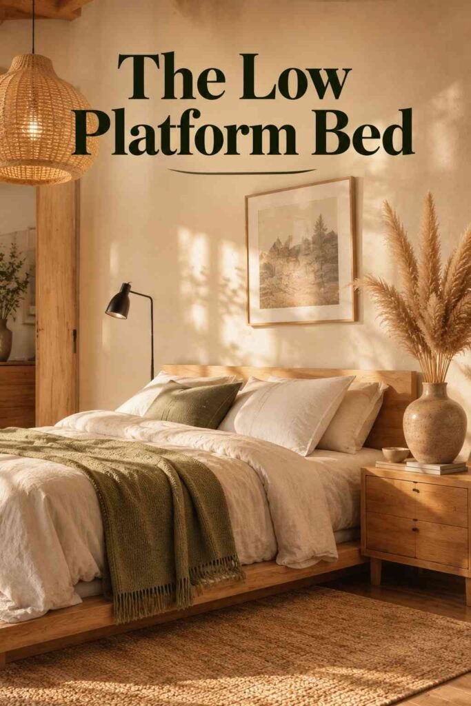 Beautiful 18 Japandi Bedroom Ideas for a Warm, Minimalist Retreat 3 Oak nightstand styled with a ceramic vase beside a linen-dressed japandi bedroom bed and sage green throw.