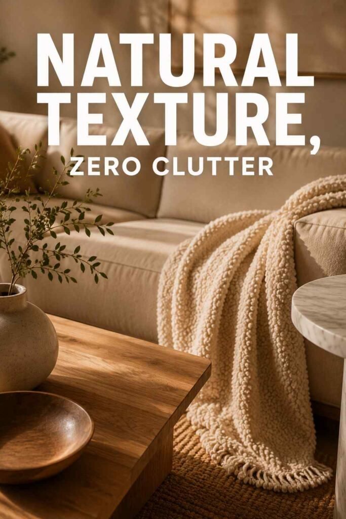 Close-up of white oak grain and bouclé throw texture in a japandi living room's warm oak and off-white palette.