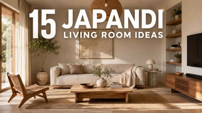 Japandi living room with linen sofa, oak coffee table, and marble side table in warm afternoon light