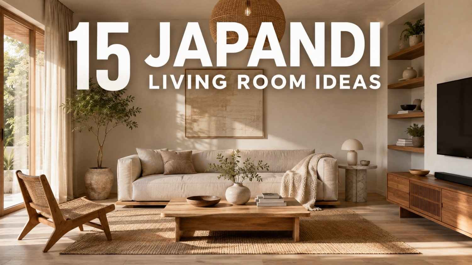 Japandi living room with linen sofa, oak coffee table, and marble side table in warm afternoon light