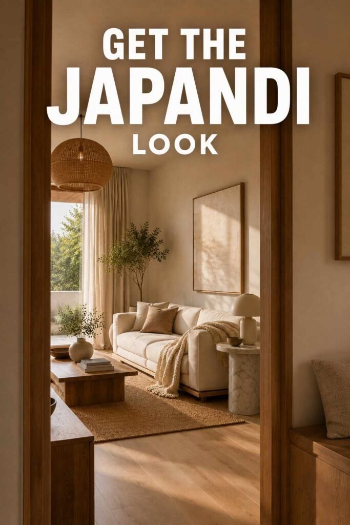Japandi living room viewed through a doorway, oak furniture and off-white walls in warm afternoon light.