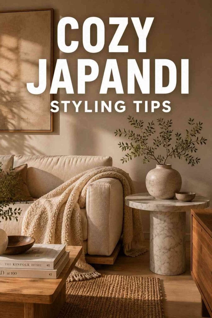Sofa and marble side table vignette in a japandi living room, styled with a bouclé throw and ceramic vase