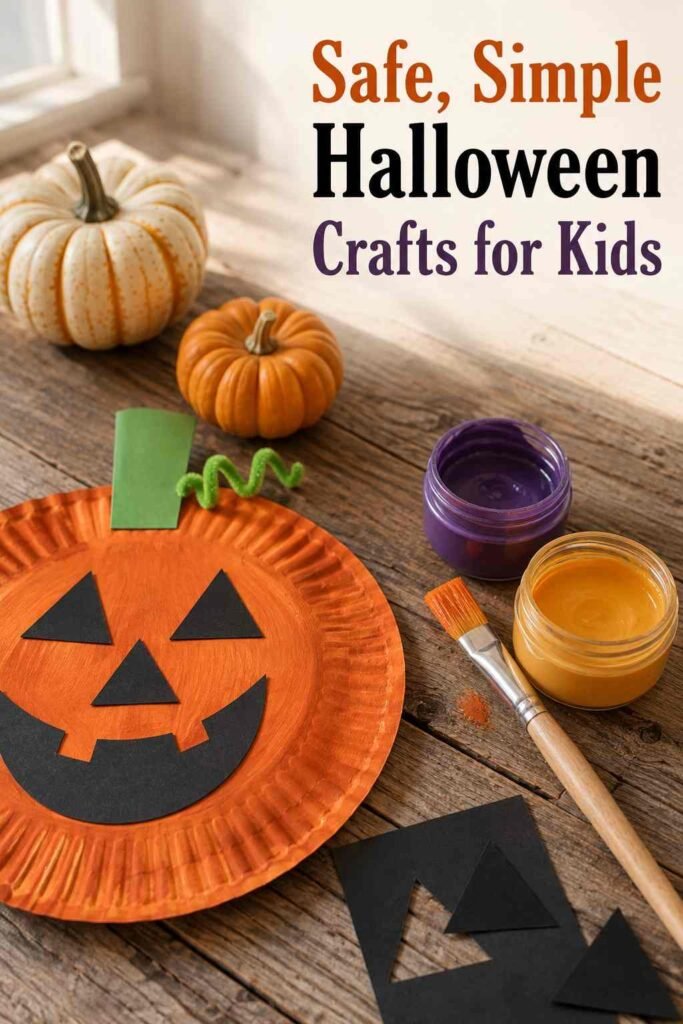 Close-up of a paper-plate pumpkin craft with purple and yellow paint pots on a wood table.