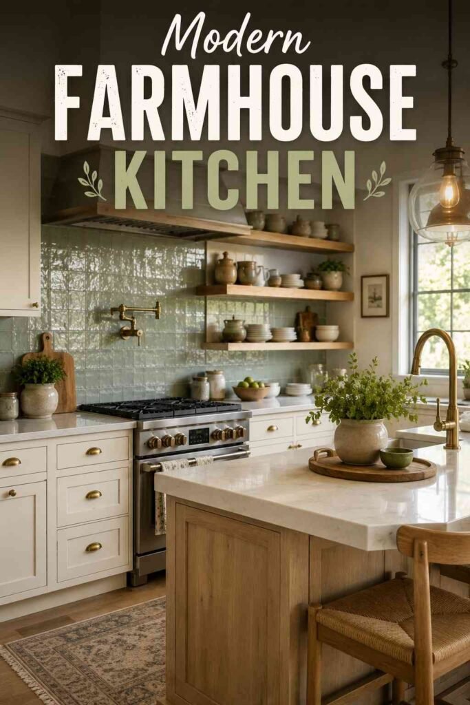 Corner view of sage green zellige backsplash and open wood shelving in a farmhouse kitchen idea.
