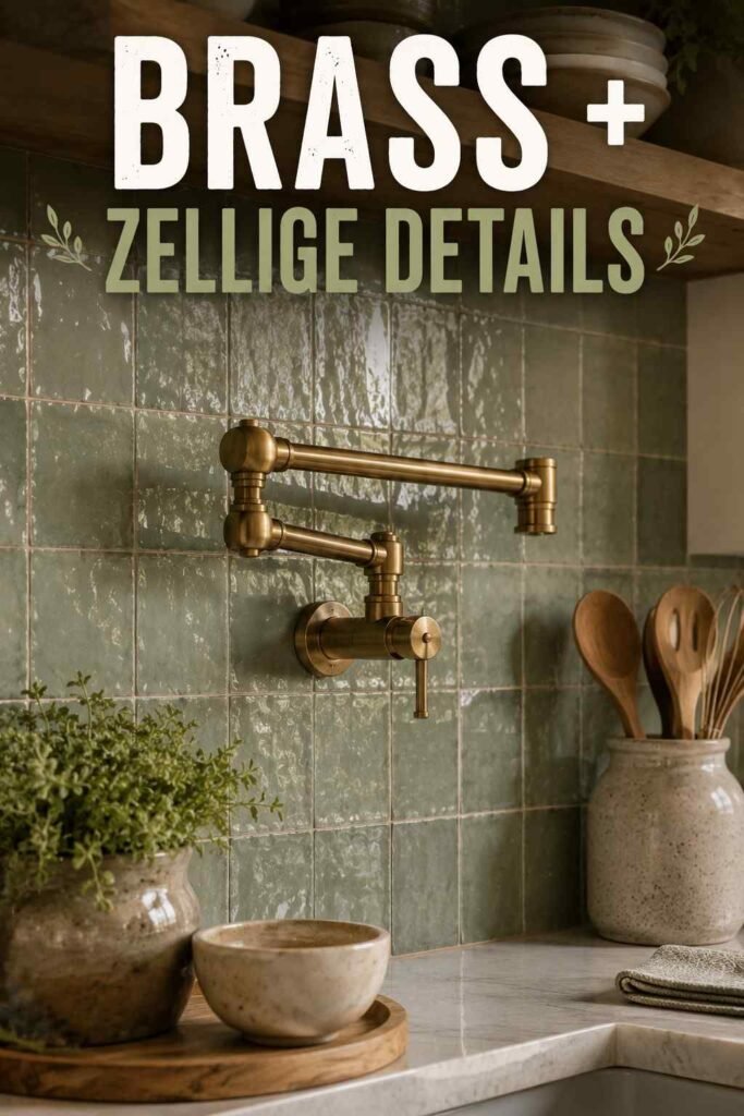 Close-up of brushed brass faucet against sage green zellige tile, a textured backsplash idea."