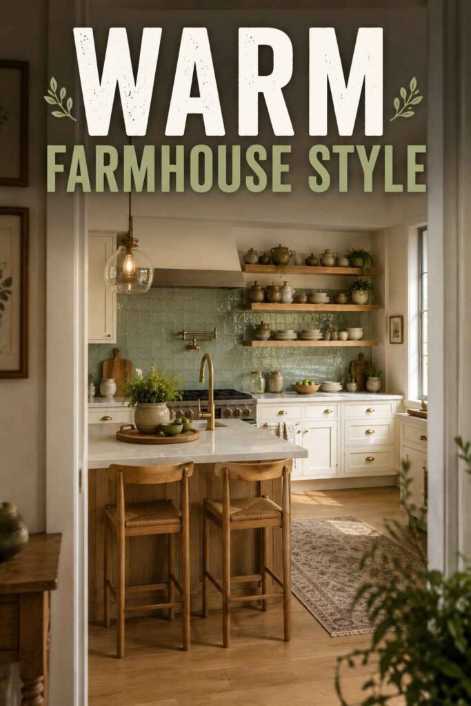 Kitchen viewed through a doorway, showing sage green backsplash tile and warm morning light.