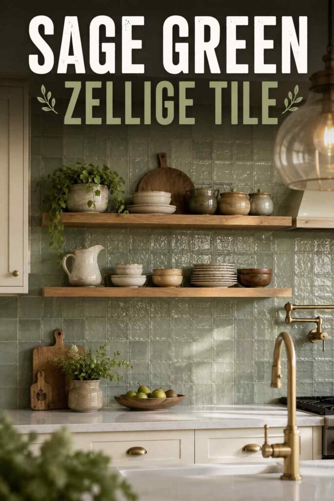 Styled open shelving beside sage green zellige tile, a textured kitchen backsplash idea.