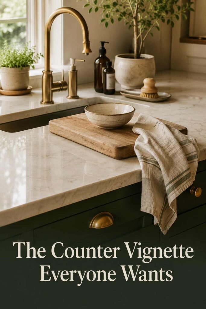 Trending and Cute Kitchen Decor Ideas to Refresh Your Space in 2026 4 Close-up of a kitchen counter with a wooden cutting board, ceramic bowl, linen towel, and brass faucet.