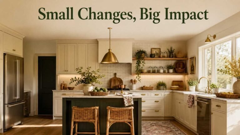 Warm cream and forest green kitchen with oak shelves, brass accents, plants, and cozy decor.