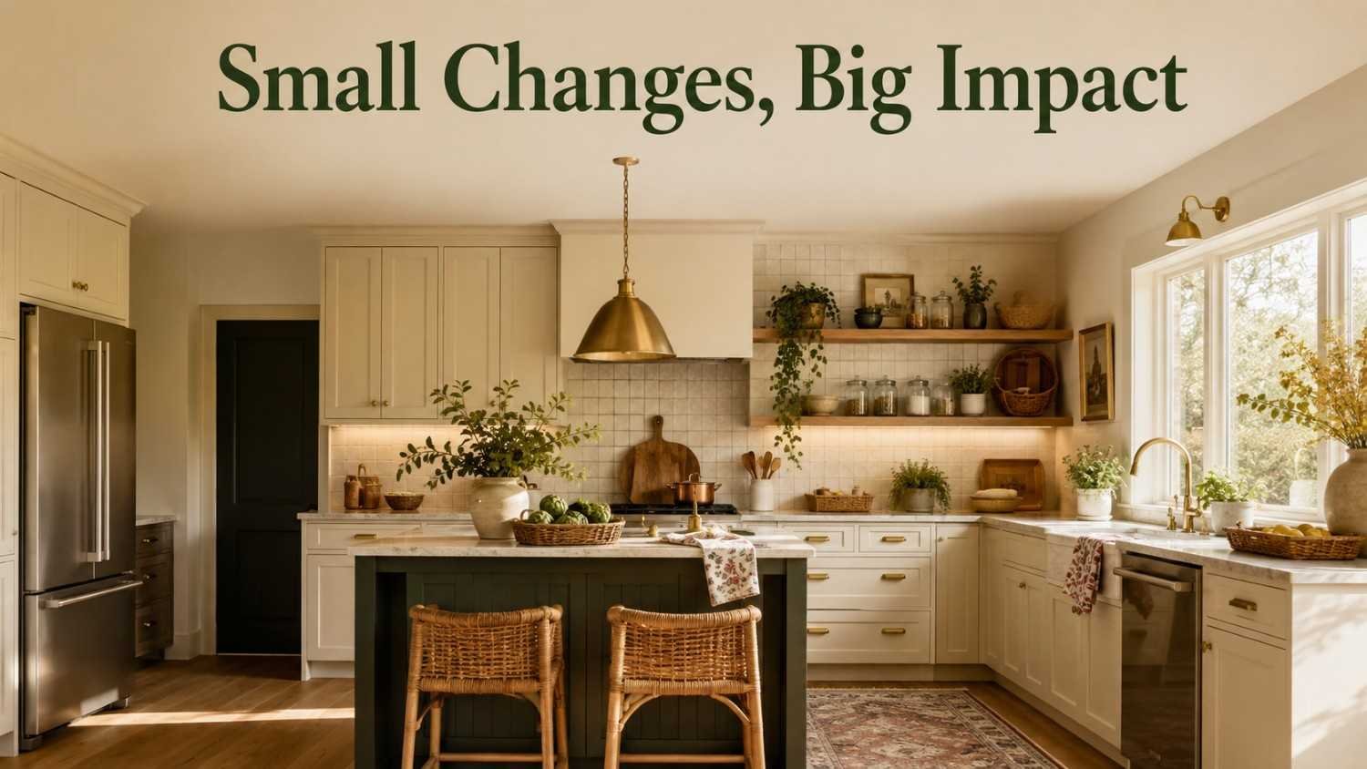 Warm cream and forest green kitchen with oak shelves, brass accents, plants, and cozy decor.