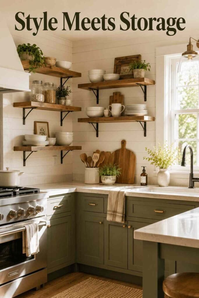 house kitchen showing open wood shelving, shiplap backsplash, and sage green cabinetry along two walls.