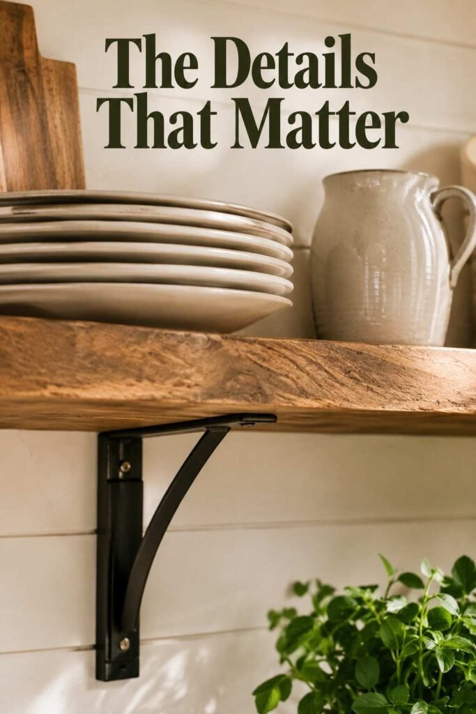 Close-up of matte black bracket, oak shelf, and stacked white plates showing kitchen open shelving materials and texture.